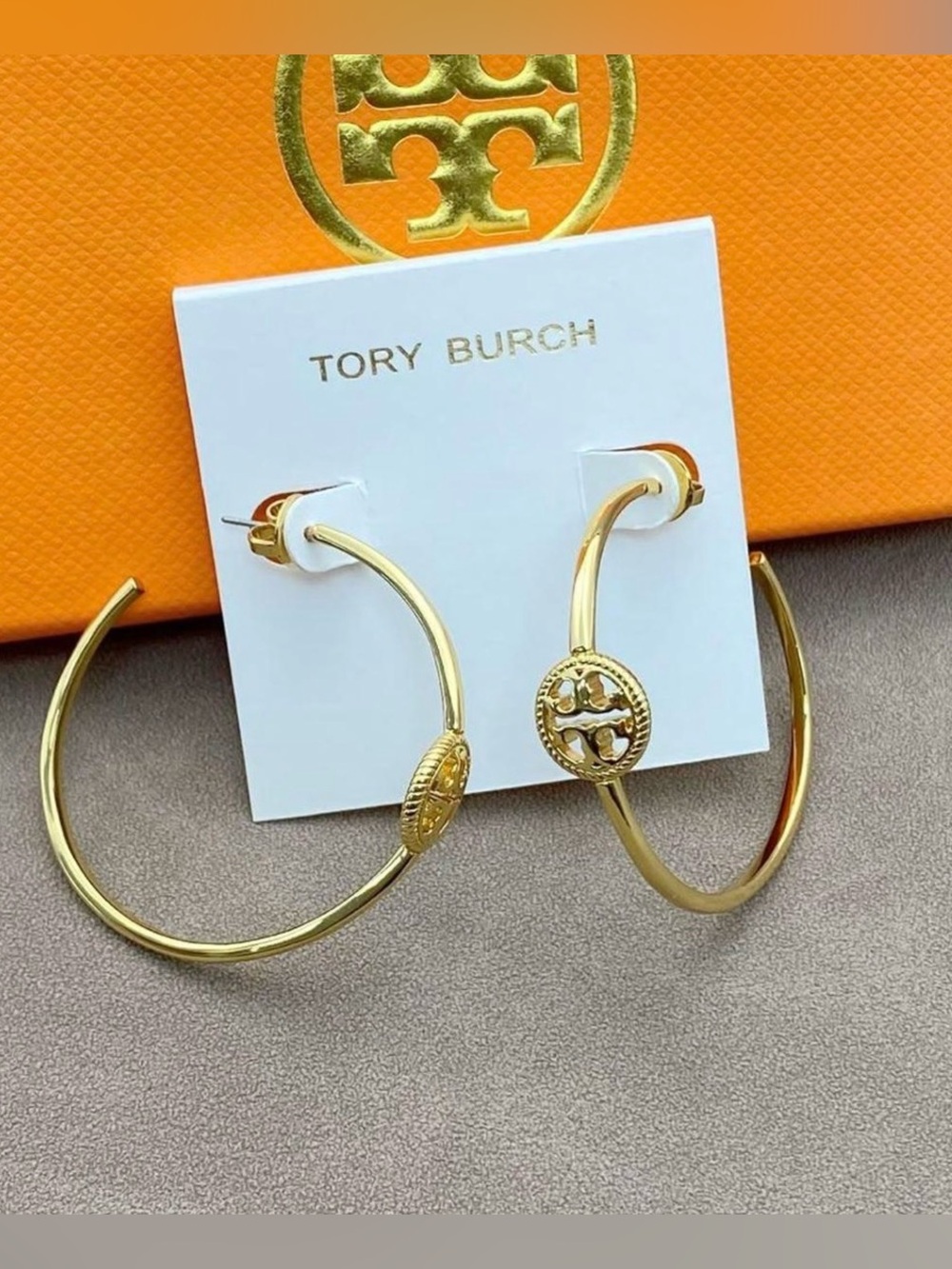 Tory Burch Gold Logo Medallion Large Hoop Earrings